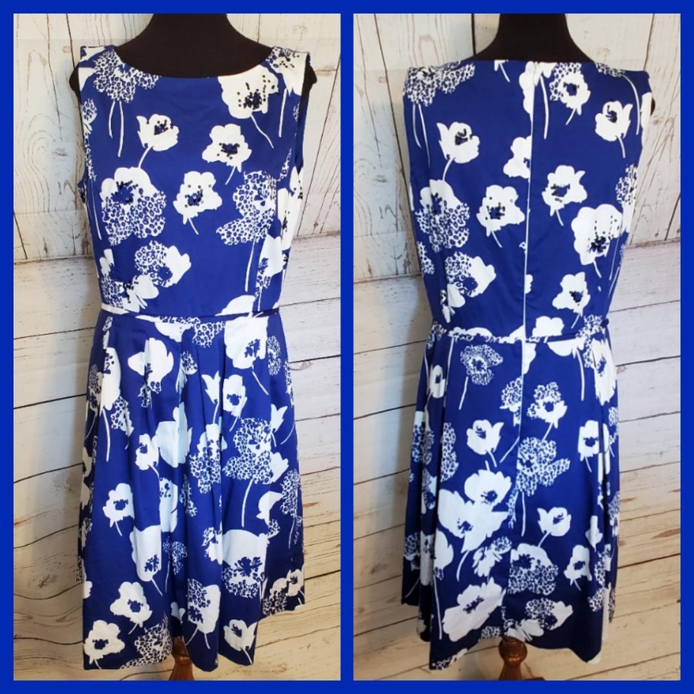 Tahari by Arthur S. Levine sleeveless tea dress blue with white flowers 10